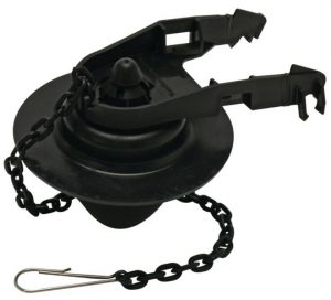 Black plastic bathtub overflow drain cover with attached chain.