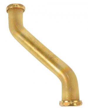 Brass plumbing pipe with curved shape and flanged ends, isolated on a white background.