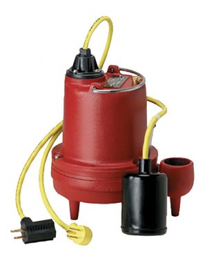 Red submersible sump pump with a float switch and power cord on a white background.