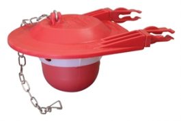Red grease trap for kitchen sink with clamps and chain.
