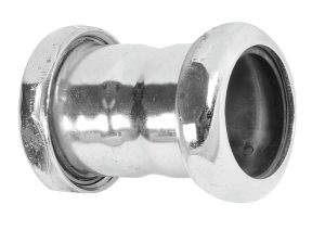 A shiny metal plumbing compression fitting isolated on a white background.