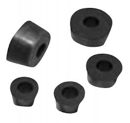 Five scattered black earbud replacement tips with a white background.