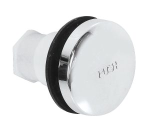 A white and chrome push button with the word "PUSH" embossed on the surface.