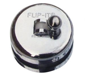 A shiny metal drain stopper with "FLIP-IT" branding on top.