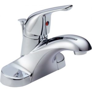 A shiny chrome single-handle bathroom faucet on a white background.