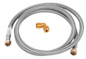 Flexible steel braided hose with threaded connectors and a brass elbow fitting on a white background.