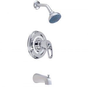 Chrome showerhead, control valve, and tub faucet on a white background.