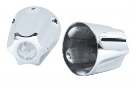 Two shiny metal scooter wheel covers isolated on a white background.
