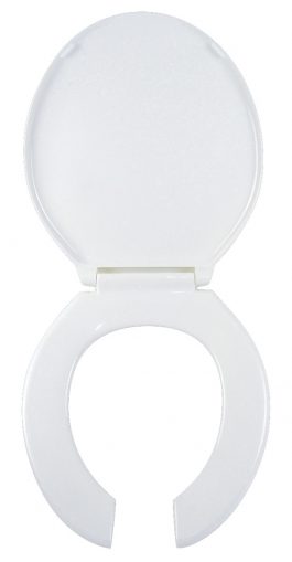 An open white toilet seat isolated on a white background.