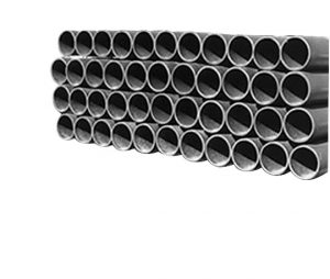 Stack of metal pipes arranged diagonally on a plain background.