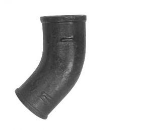 A black cast iron elbow pipe fitting on a light background.