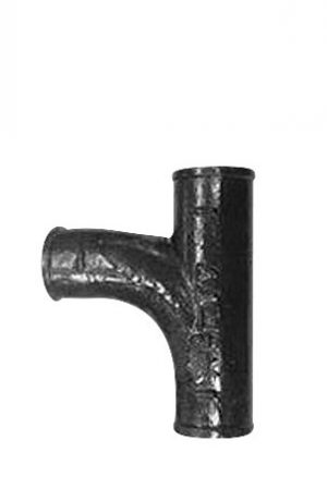 Black metal pipe fitting with a T-shaped design on a white background.