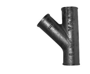 Black metal Y-shaped pipe fitting on a white background.