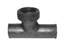 A metal T-shaped pipe fitting on a white background.