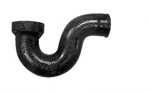 Black iron pipe elbow with a curved shape on a white background.