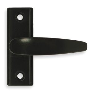 Black modern door lever handle on a white background.