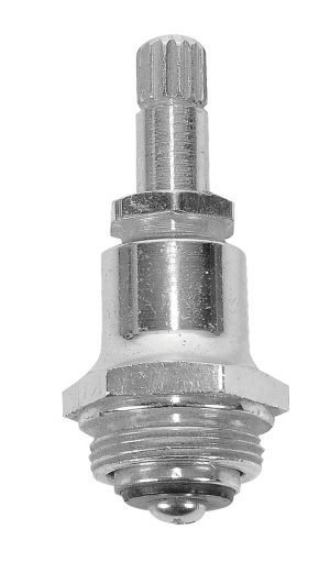 A close-up of a metal machine part with a threaded shaft and flanged base.