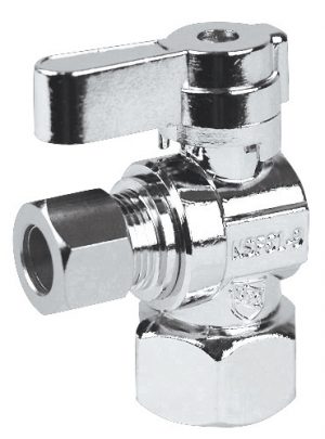 Chrome-plated brass quarter-turn angle stop valve for plumbing.