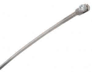A flexible metal hose with a fitting on one end, isolated on a white background.