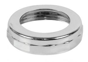 Silver metal ring with interior threading on a white background.