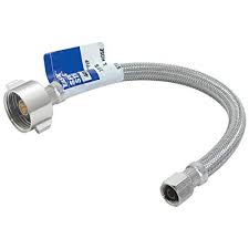 Flexible stainless steel braided hose with connectors on both ends.