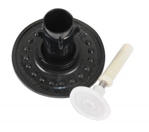 Black sink strainer with a white stopper, isolated on a white background.