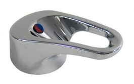 A shiny modern chrome faucet handle with blue and red temperature indicators.