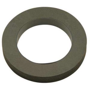 A flat, circular, gray metal washer with a central hole, isolated on a white background.
