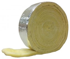 Roll of fiberglass insulation with reflective foil on a white background.