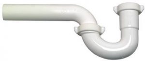 White PVC P-trap pipe for plumbing isolated on a white background.