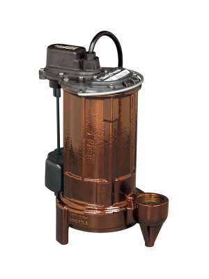 Industrial sump pump with electrical motor and copper finish on white background.