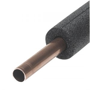 Close-up of a copper pipe with insulation foam on a white background.