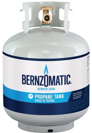 A new Bernzomatic propane tank with valve and safety instructions.