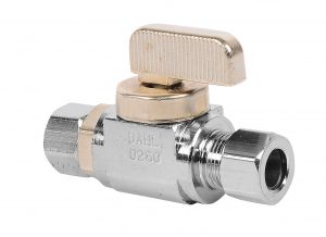 Metallic water shut-off valve with threaded connections on a white background.