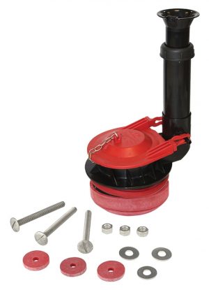 A red and black manual drain cleaner with various components laid out on a white background.
