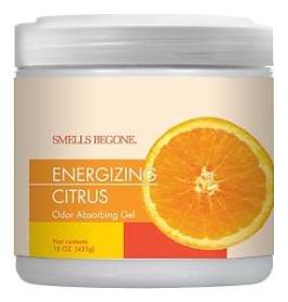 Jar of Energizing Citrus odor absorbing gel with an orange slice graphic.