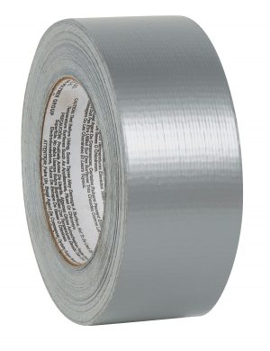 A roll of silver duct tape on a white background.