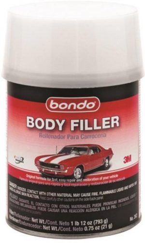 Container of Bondo body filler for vehicle repair with brand and product information.