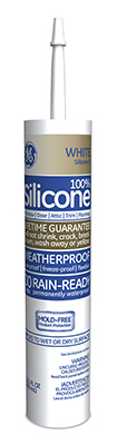 Tube of white silicone sealant with nozzle, labeled as waterproof and mold-resistant.