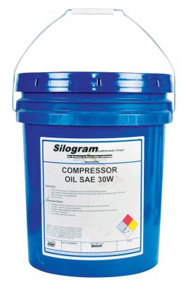 A blue plastic bucket of compressor oil SAE 30W with label and handle.