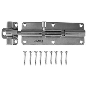 Stainless steel slide bolt latch with accompanying screws isolated on white background.