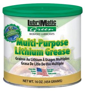 Container of multi-purpose lithium grease by LubriMatic Green.
