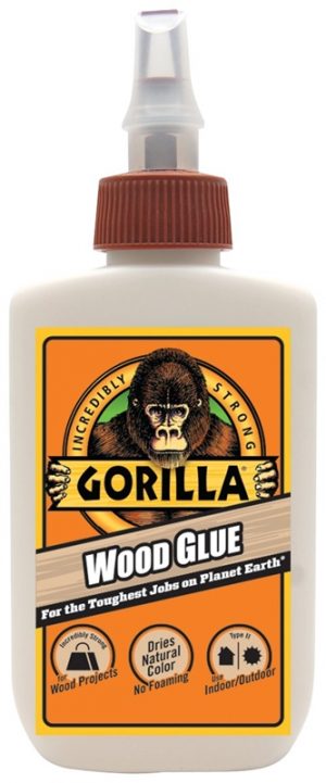 Bottle of Gorilla wood glue with a gorilla image and orange label.