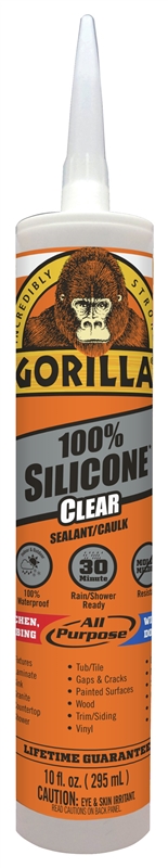 A tube of Gorilla 100% Silicone Clear Sealant with a gorilla logo, for various surfaces.