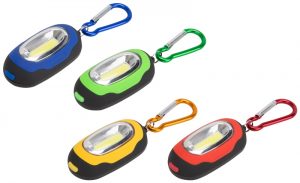 Five colorful LED keychain lights with carabiner clips on a white background.