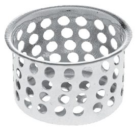 Stainless steel round sink strainer with perforated holes on white background.