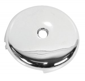 Shiny chrome bell cover with central hole and side notch on a white background.