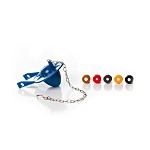 Blue whistle with a chain and four small, colorful balls on a white background.