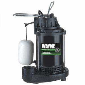A black Wayne cast iron sump pump with a float switch.