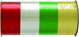 Three spools of satin ribbon in red, white, and green colors.
